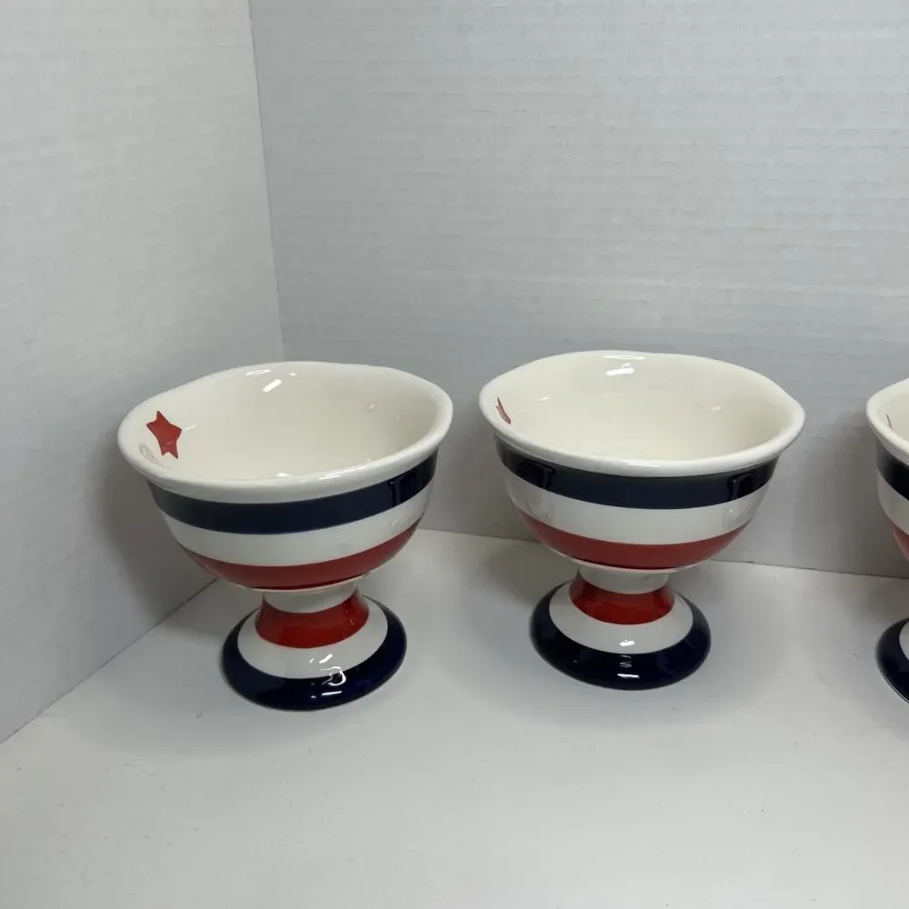 Grace's Teaware ICE CREAM Dessert Bowl Ceramic Blue Red White Striped Qty 4